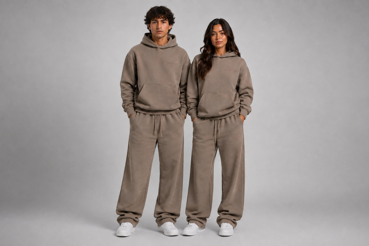 Diamond/S Winter 2026 campaign — two models in matching taupe oversized hoodies and sweatpants
